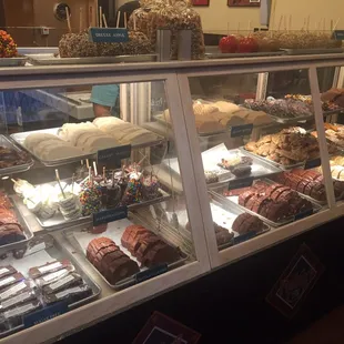 Variety of fudge. Chocolate covered apples, Rice Krispy treats, pretzels and marshmallows. Candied apples.