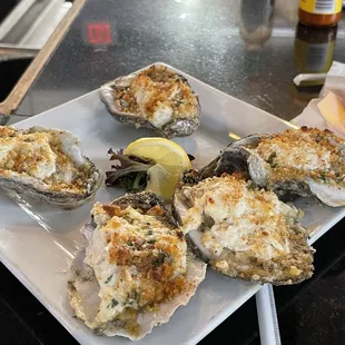 Baked oysters with lump crab meat.