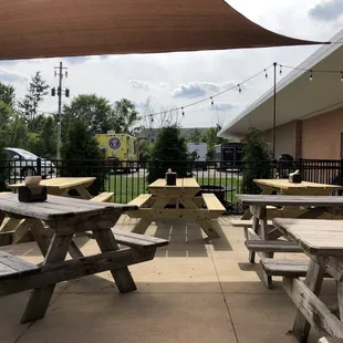 picnic tables and umbrellas
