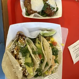 The chorizo balls, two Carne Asada, and one Jamaican Jerk Chicken taco