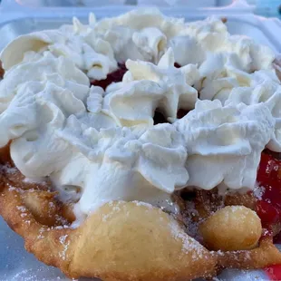 Funnel Cake with Strawberries and Whipped Cream