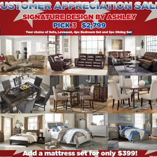 Pick 3 All Signature Design by ASHLEY! Your Choice of Living Room Set, Dining Room Set and Bedroom Set All For $2799!