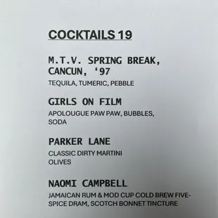 Cocktail menu