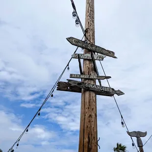 a wooden pole with many signs on it