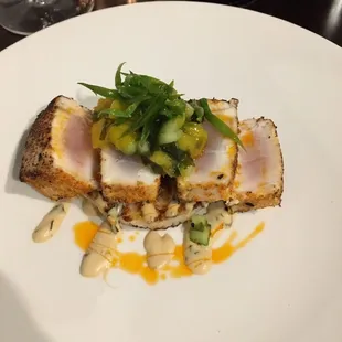 Hawaiian Marlin on sticky rice with mango salsa.  Fantastic!