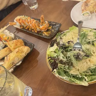 Ceasar Salad, Devils Roll, and Las Vegas Roll