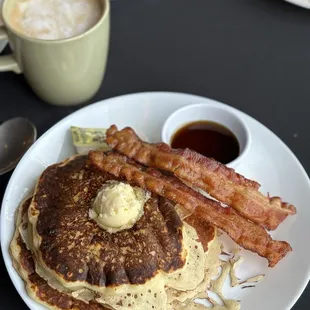 Pancakes, bacon, and a Latte