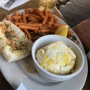 Grill grouper, corn grits, &amp; sweet potatoe fries