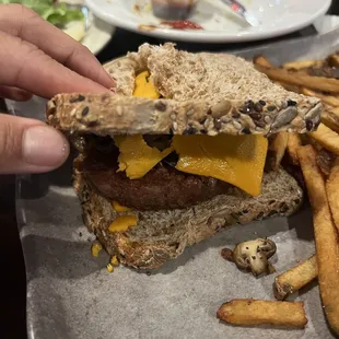 The patty melt. Have not picked it up yet, this is how it arrived. Bread was stale. Beyond meat patty was cold.