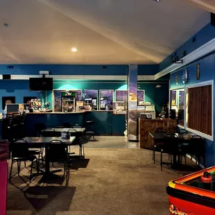 a pool table and a bar