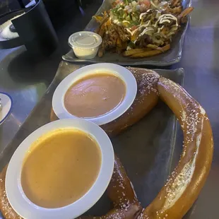 Pretzel with extra cheese/no mustard and the carne asada nachos