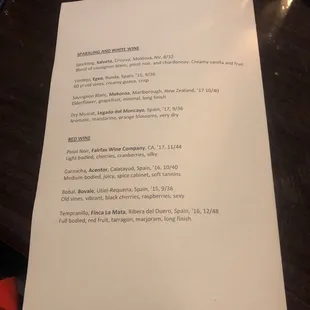 Wine menu