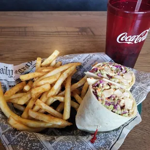 Try the Roasted Grilled Chicken Wrap. Tasty and a good sized portion!