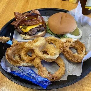 a burger and onion rings