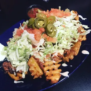Loaded nachos with waffle fries