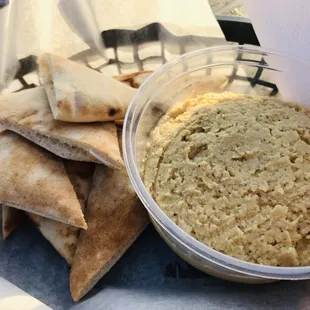 Hummus.. kinda bland so ask for hot sauce :)