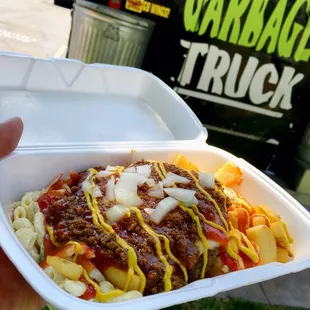 Trash plate (with hamburger patty)