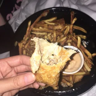 Found literal garbage in my Philly cheesesteak wonton thing. Peice of hard sharp plastic in the middle... disgusting and not safe