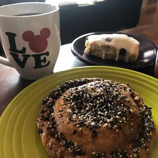 Savory hand pie, blueberry scone and coffee (poured into my favorite mug, of course).