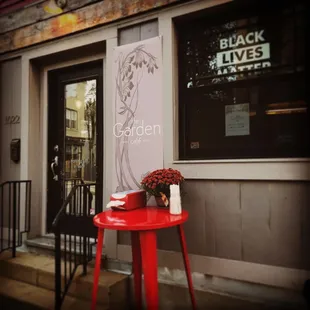 a red table outside