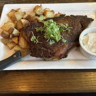 16 oz Blackened Ribeye with garlic potatoes and gorgonzola dip