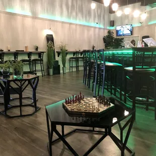 tables, chairs, and a chess board