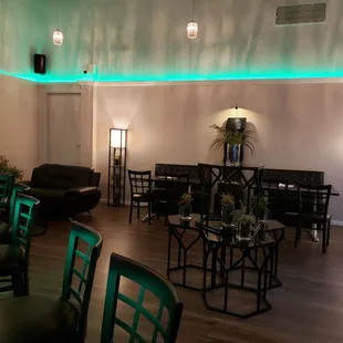 the green lighting in the lounge