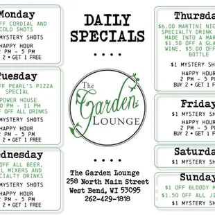 daily specials for the garden lounge