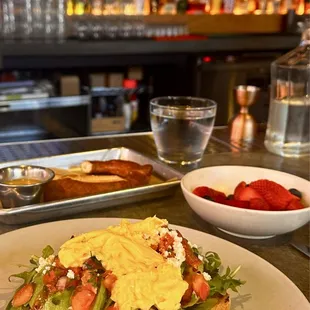 Avocado toast, egg, fruit &amp; pretzel - w Dancing Queen in the background