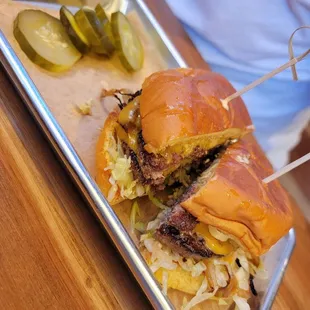 Double smash burger, pickles on the side
