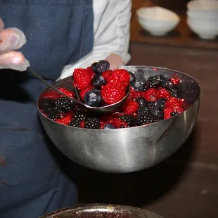 Donuts with Flambeed Berries and Housemade Vanilla Ice Cream