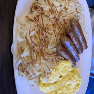 Sausage, scrambled eggs, hashbrowns