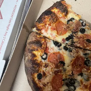 Custom- Pepperoni, Bacon, Black Olives (extra crispy, aka carbon black)