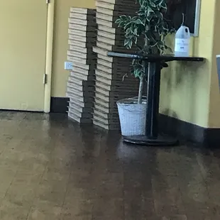 Pizza boxes on the FLOOR ready to be served to you. DISGUSTING!