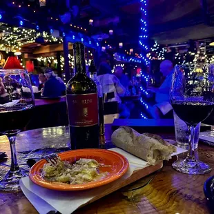 Bread, wine, and garlic with olive oil and balsamic