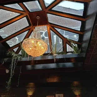 a chandelier hanging from the ceiling