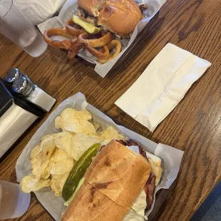 Onion Rings &amp; French Dip next to Hot Pastrami