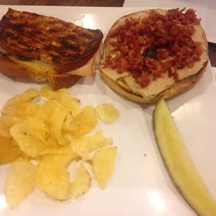 Rubies sandwich to the left and bacon bagel on the right