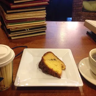 Peanut butter soy latte coffee cake and coffee.