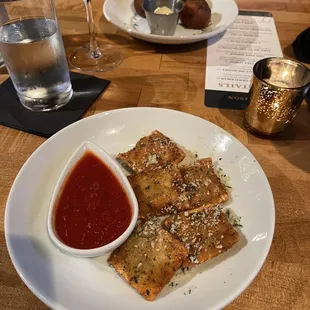 Toasted Ravioli and Crab Hushpuppies