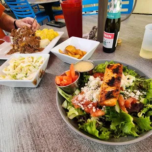 Grilled salmon salad, roast beef sandwich with mashed potatoes, side order of cole slaw...oh, and house made potato chips
