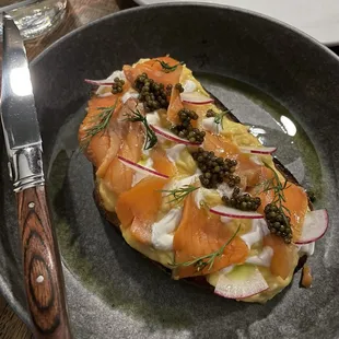 Salmon Toast ($14) with caviar (+7)