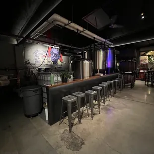 a dimly lit bar with stools