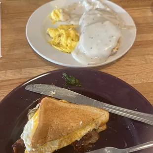 Egg bacon meat biscuits and gravy