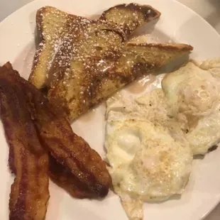 short stack french toast,eggs and meat.