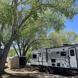 a camper trailer parked next to a tree