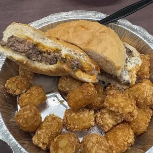 Blue cheese burger and tater tots.
