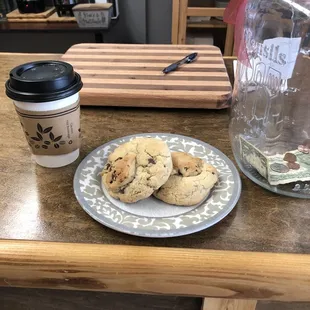 a plate of cookies and a cup of coffee