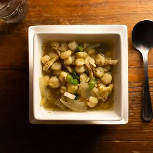 Homemade Pozole! Made with tomatillos.
