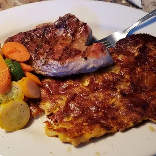Seared mac and pork ribeye
